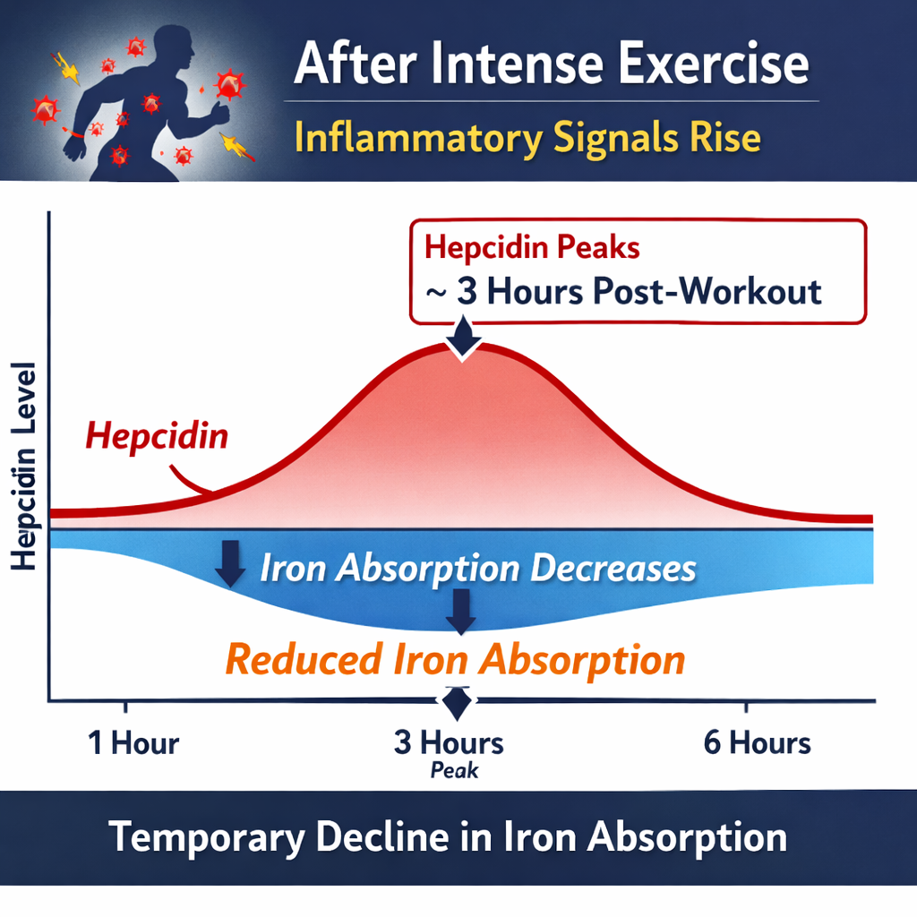 After intense exercise inflammatory signals rise Hepcidin increases and peaks roughly three hours postworkout During this window iron absorption tempo