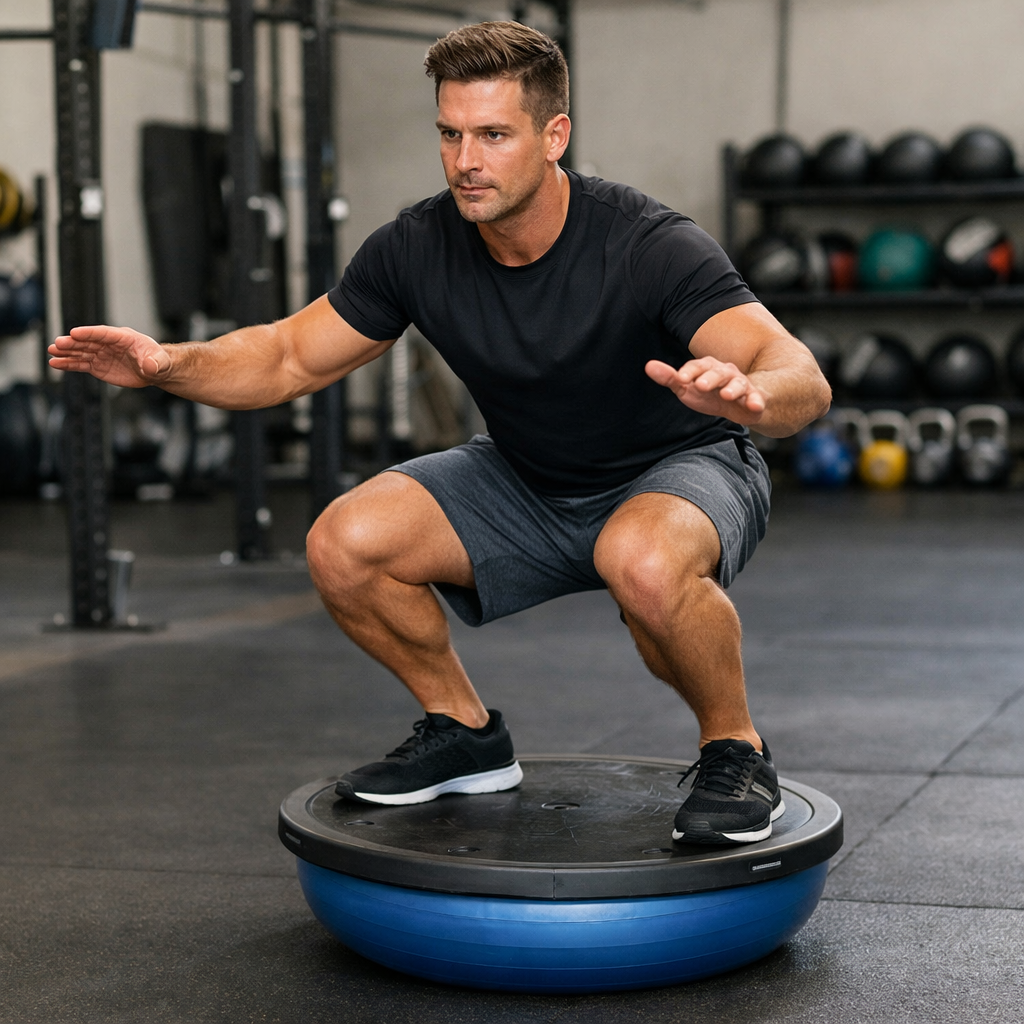 Bosu Balance Man on Gym Floor-1