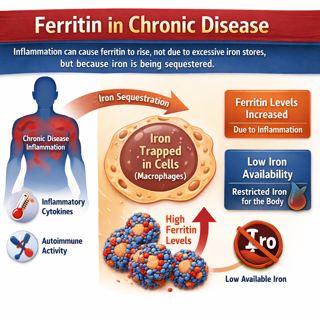 In chronic disease or autoimmune states ferritin may rise not because iron stores are excessive but because iron is being sequestered