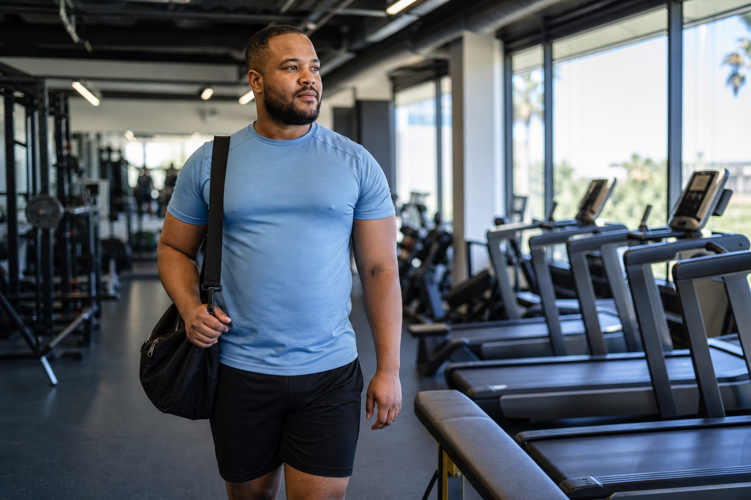 Adult gym member walking through a modern gym toward cardio and strength equipment.