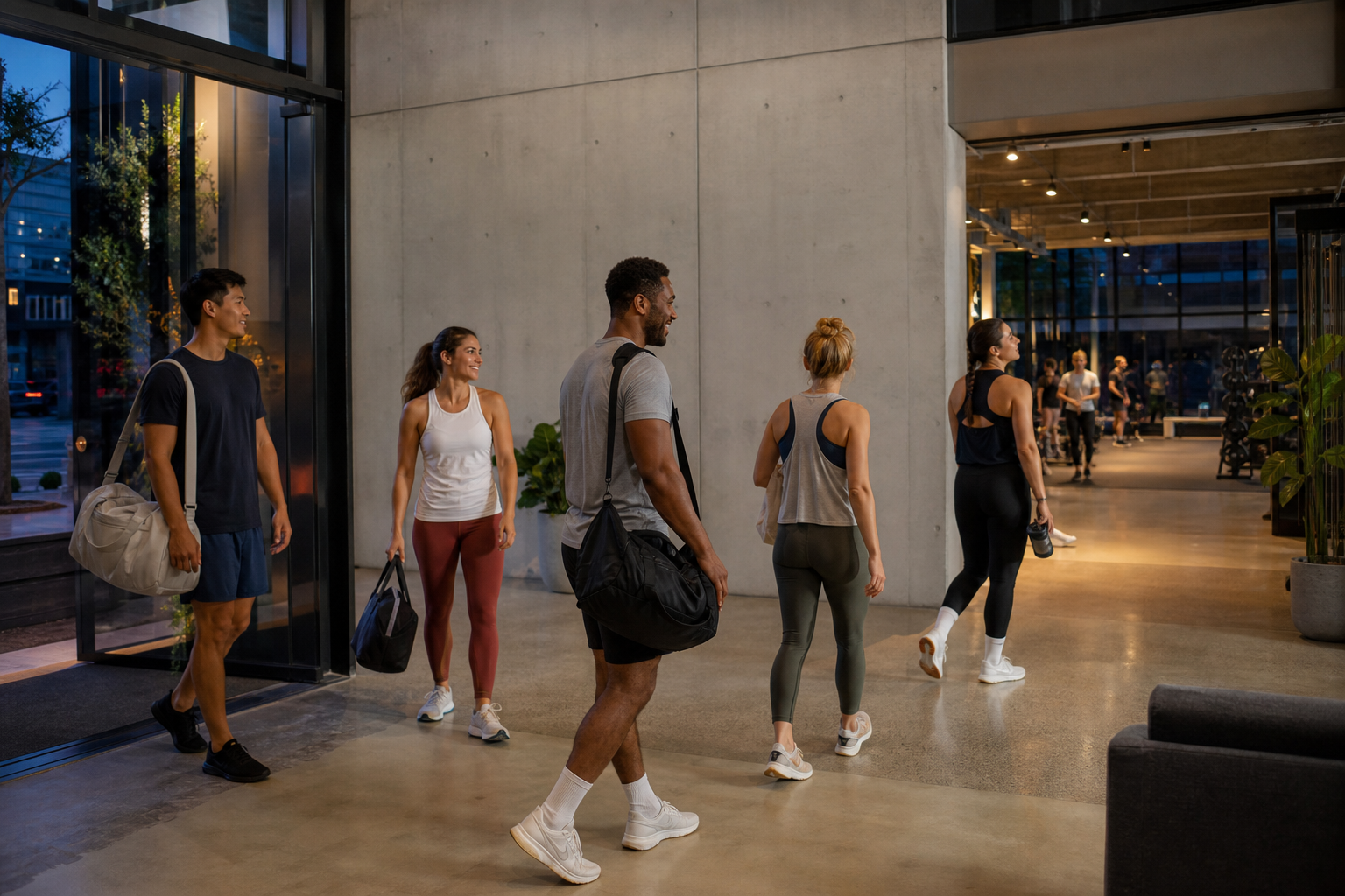 Adults entering a bright modern San Francisco gym for an evening workout.