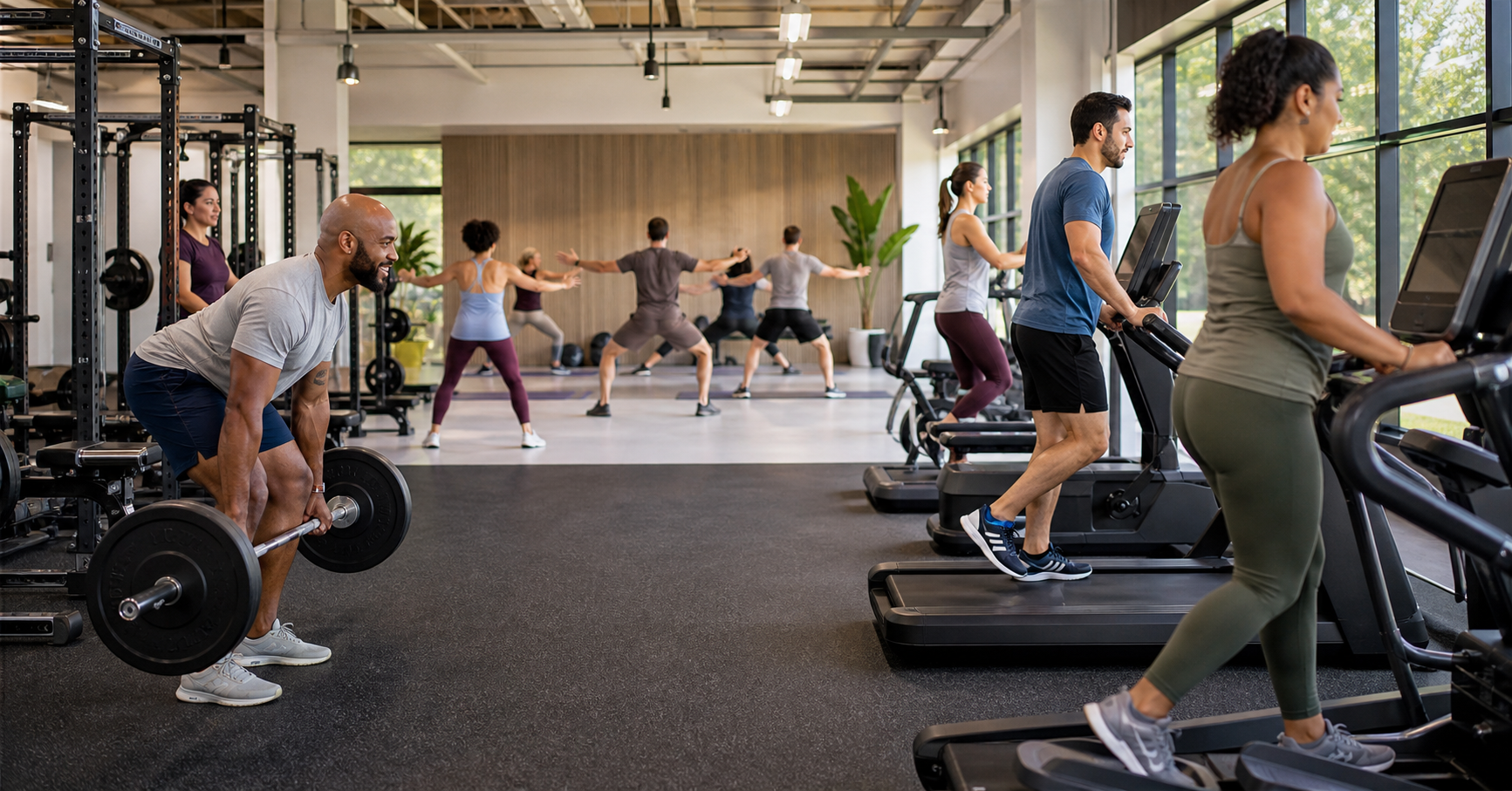 Diverse adults using strength, cardio, and class spaces in a modern gym.