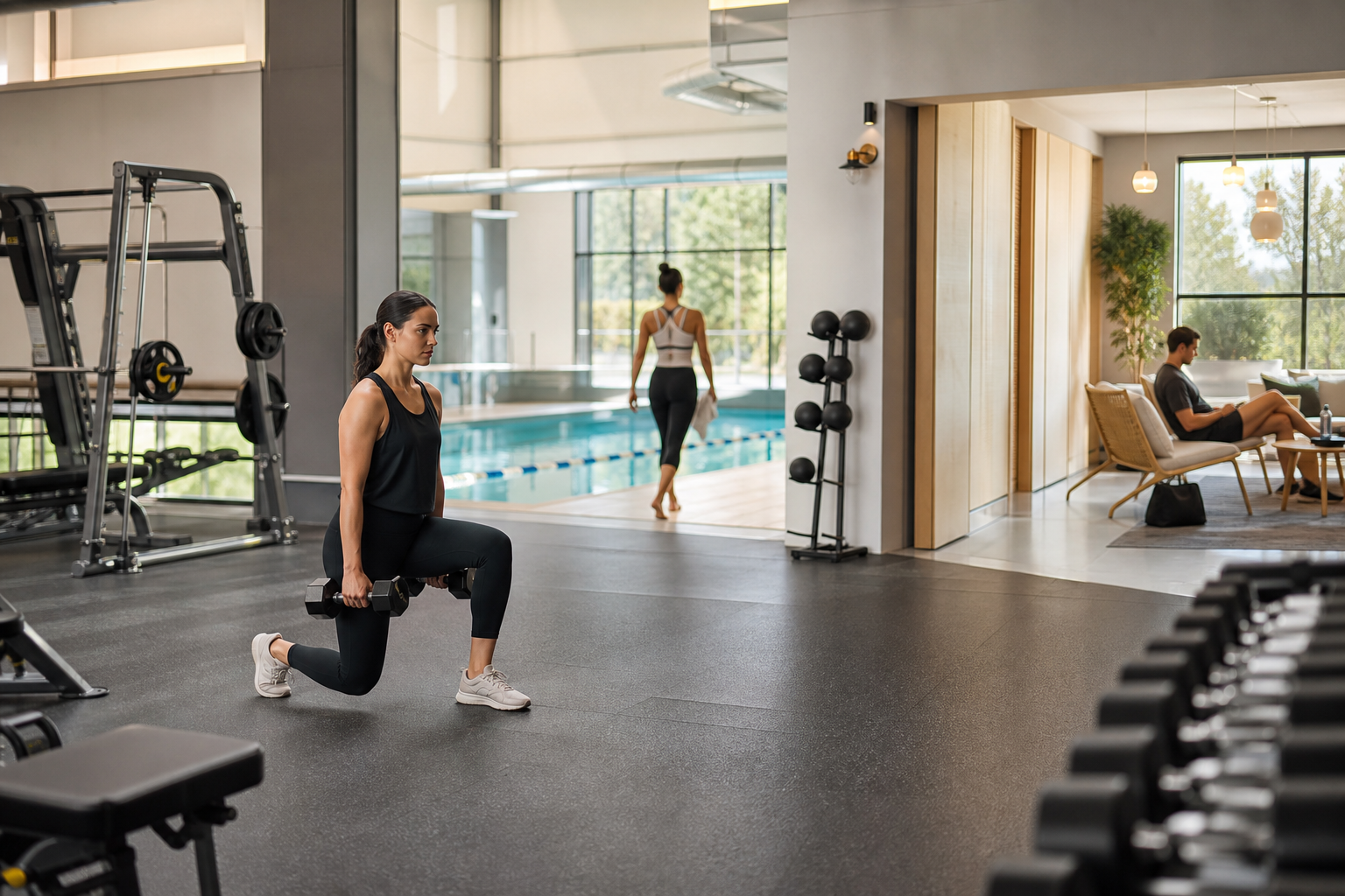 Modern fitness facility with strength floor, lap pool, and recovery lounge.
